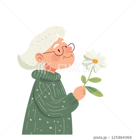 happy senior woman smells a flower isolated vector illustration 125864368