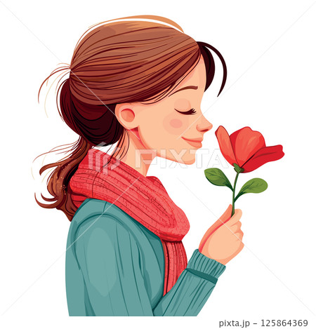 happy young woman smells a flower isolated vector illustration 125864369