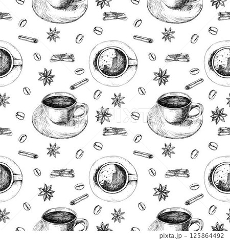 cups of coffee, cinnamon, anises, coffee beans 125864492