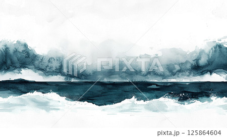 波立つ海のような水彩イラスト背景 波立つ海のような水彩イラスト背景 125864604