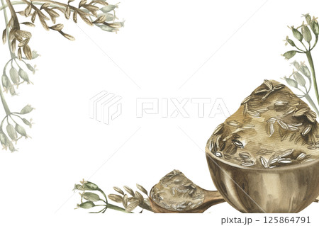 Cumin spice banner template with watercolor zira seeds in wooden plate and spoon and spice seeds branches illustration. Hand drawn Eastern cuisine condiment clipart for culinary book,packing design 125864791