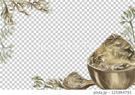 Cumin spice banner template with watercolor zira seeds in wooden plate and spoon and spice seeds branches illustration. Hand drawn Eastern cuisine condiment clipart for culinary book,packing design 125864791