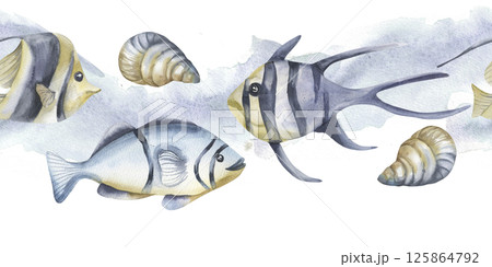 Marine seamless border with watercolor deep sea striped fish and shells illustrations. Hand drawn nautical banner on watercolor blue splash with swimming aquarium animal for wallpaper, packing design 125864792