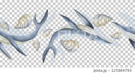 Blue whale watercolor seamless border. Hand drawn deep sea creatures clipart, ocean fish and shells painting, marine background for wallpaper, packing, textile design 125864793