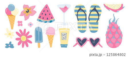 Summer essentials with ice cream, cocktails, flip-flops, and sunscreen, capturing beach vacation vibes, tropical leisure, and colorful holiday fun 125864802