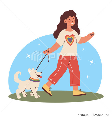 LGBTQ happy Woman Walking Dog with rainbow heart Pride Symbols. LGBT community and lifestyle. Vector Illustration celebrating LGBTQ pride and joy 125864968