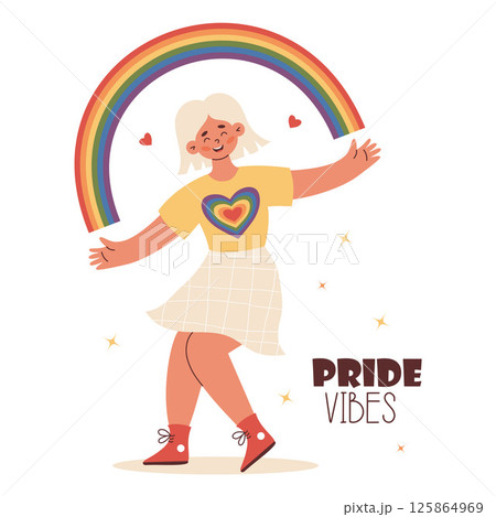 Pride Month Vibes. Happy Dancing woman blonde with Rainbow. LGBTQ community. Festive Lesbian Girl symbolizing LGBT pride and self-love. Vector Illustration Pride Month Vibes. Happy Dancing woman blonde with Rainbow. LGBTQ community. Festive Lesbian Girl symbolizing LGBT pride and self-love. Vector Illustration 125864969