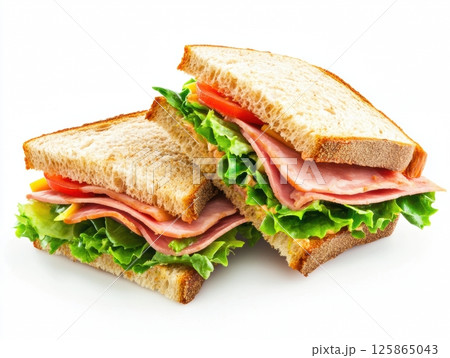 Sandwich with ham, lettuce and tomatoes against a clean white background. Suitable for advertising cafes, fast food restaurants, culinary blogs and food delivery sites. Minimalistic background. Banner 125865043