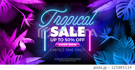Summer Sale Design with Flower and Glowing Neon Light on Fluorescent Tropic Leaves Background. Tropical Floral Vector Illustration with Special Offer Typography for Coupon, Voucher, Banner, Flyer 125865114