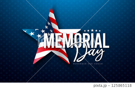 Memorial Day of the USA Vector Illustration with American Flag in Star Pattern and Typography Lettering on Blue Background. National Patriotic Celebration Design for Banner, Flyer, Greeting Card or 125865118