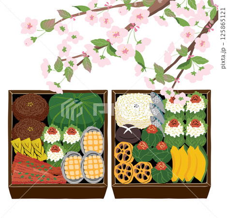 Traditional Korean Lunch Box for Spring Picnic Vector Illustration Traditional Korean Lunch Box for Spring Picnic Vector Illustration 125865121