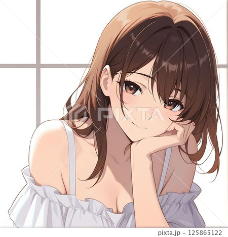 頬杖をつく可愛い女の子のイラスト 125865122
