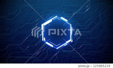 Glowing neon hexagon frame as Technology cyber portal on circuit board 125865219