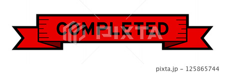 Ribbon label banner with word completed in red color on white background 125865744