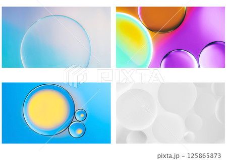 A modern and minimalistic set of abstract oil and water bubble compositions, featuring soft gradients with vivid tones of blue, pink, yellow, green, orange, and white. A modern and minimalistic set of abstract oil and water bubble compositions, featuring soft gradients with vivid tones of blue, pink, yellow, green, orange, and white. 125865873