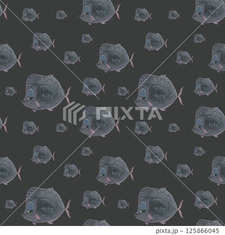 Translucent fish seamless pattern on dark background. Ghost-like ocean creatures in darkness. Hand-drawn watercolor illustration. Great for modern packaging, stylish gift bags, and stationery Translucent fish seamless pattern on dark background. Ghost-like ocean creatures in darkness. Hand-drawn watercolor illustration. Great for modern packaging, stylish gift bags, and stationery 125866045