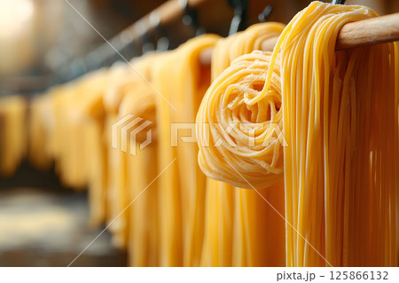 Freshly Made Pasta Drying on Wooden Racks in Artisan Italian Kitchen Generative AI Freshly Made Pasta Drying on Wooden Racks in Artisan Italian Kitchen Generative AI 125866132