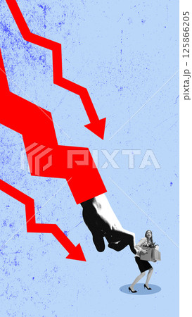 Job loss due to economic crisis. Red downward graph and hand push woman holding box away, symbolizing layoffs and recession 125866205