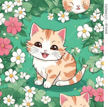 花に囲まれた笑顔の子猫 125866261