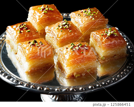 Delicious baklava dessert with nuts and honey served on a silver plate 125866451