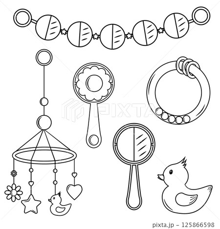 A set of children's rattle toys in the doodle style, black outline coloring book, isolated vector illustration on a white background A set of children's rattle toys in the doodle style, black outline coloring book, isolated vector illustration on a white background 125866598