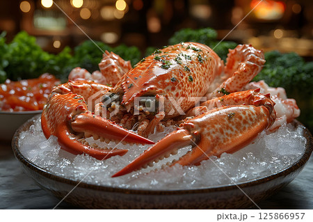 Fresh Seafood Delicacy: Chilled Crab on Ice with Herbs for Gourmet Dining Experience Generative AI 125866957