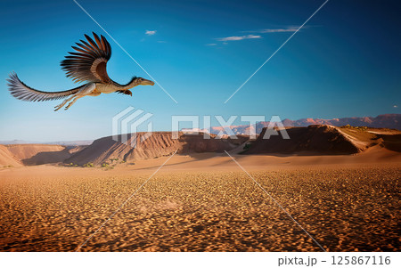 Generative AI Illustration Dilophosaurus dinosaur in the mountains 125867116