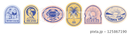 Summer beach postage sticker set, vector exotic ocean doodle print, hand drawn vintage tropical logo Summer beach postage sticker set, vector exotic ocean doodle print, hand drawn vintage tropical logo 125867190
