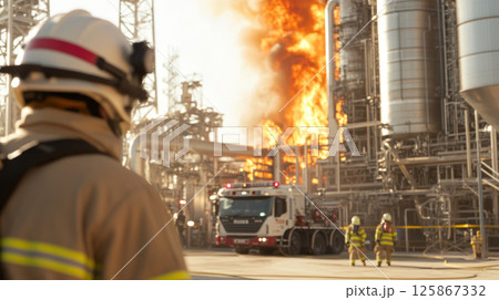 Firefighters respond to massive industrial fire with intense flames 125867332