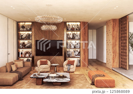 Modern cozy living room with marble shelves and wood accents 125868089