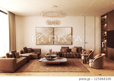 Modern earth toned living room with marble coffee tables and crystal chandeliers Modern earth toned living room with marble coffee tables and crystal chandeliers 125868100