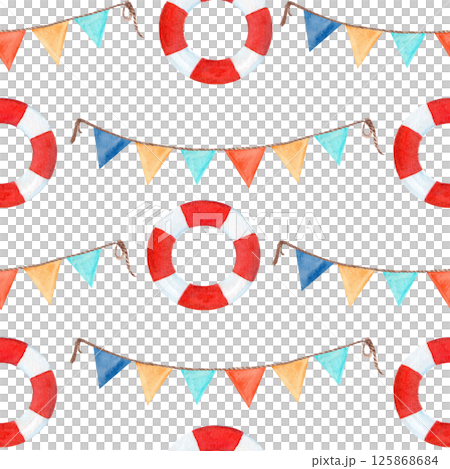 Stretched flag garland with lifebuoy seamless pattern isolated on white. Hand-drawn watercolor illustration perfect for birthday cards, baby shower, stationary, celebrations, programs design and decor Stretched flag garland with lifebuoy seamless pattern isolated on white. Hand-drawn watercolor illustration perfect for birthday cards, baby shower, stationary, celebrations, programs design and decor 125868684