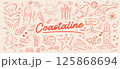 set of Red toned beach and sea life objects illustration suitable for summer themed designs, beach party invitations, posters, and ocean related projects. 125868694