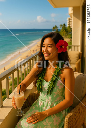 ハワイのホテルバルコニーで、花柄のグリーンドレスとプルメリアレイを身に着けた女性が、赤いハイビスカス 125868768