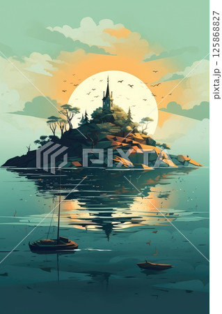 little mystic island in the sea illustration 125868827
