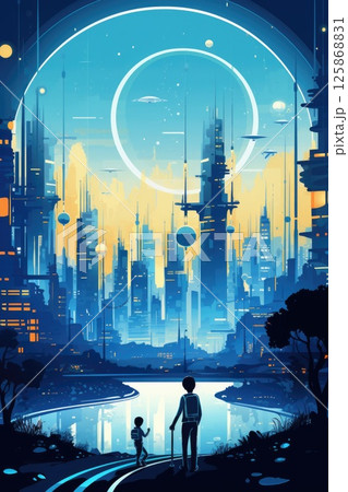children in futuristic future city illustration 125868831