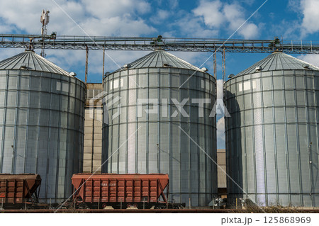 Three tall metal silos stand beside railway cars, showcasing agricultural storage infrastructure under a bright sky Three tall metal silos stand beside railway cars, showcasing agricultural storage infrastructure under a bright sky 125868969