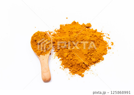 Dry Turmeric powder and turmeric root isolated on white background ,Top view 125868991