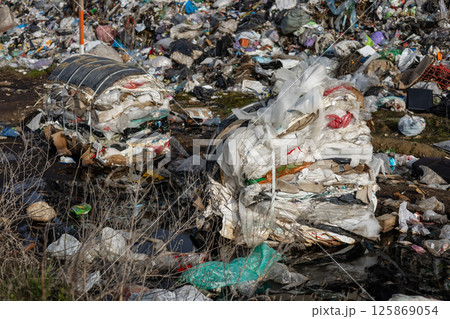 Trash accumulation overwhelms the landscape in an urban location, showcasing significant littering and environmental neglect Trash accumulation overwhelms the landscape in an urban location, showcasing significant littering and environmental neglect 125869054