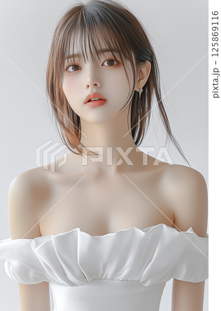 白背景に映える若い女性の清潔感あふれるポートレート 125869116