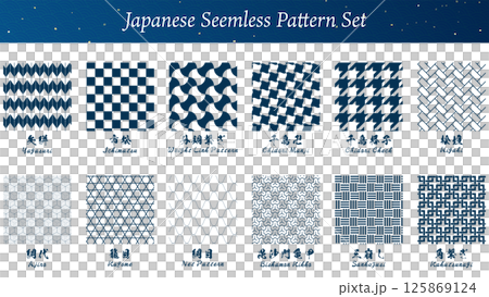 市松や千鳥格子などの12種の和柄見本(名前付き)、伝統的な和風背景シームレスパターンセット 市松や千鳥格子などの12種の和柄見本(名前付き)、伝統的な和風背景シームレスパターンセット 125869124