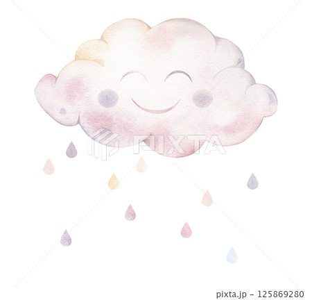 Cute childish watercolor cloud with a smile and eyes with raindrops. Hand drawn watercolor illustration for for kids greeting cards or children design or wall art. 125869280
