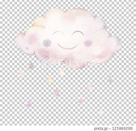 Cute childish watercolor cloud with a smile and eyes with raindrops. Hand drawn watercolor illustration for for kids greeting cards or children design or wall art. 125869280