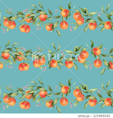 Seamless pattern with watercolor illustration of grapefruit with pink flowers. Hand painted print with grapefruit branche with green leaves on isolated. Citrus food for wrapping paper, textile design 125869282