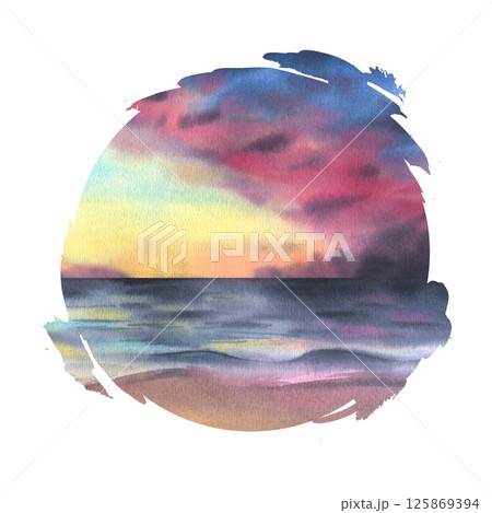 A circular watercolor painting of a breathtaking sunset, with warm tones blending over calm waves. Perfect for logos, stickers, packaging, and coastal-themed designs. Handmade, artistic touch. 125869394