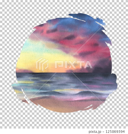 A circular watercolor painting of a breathtaking sunset, with warm tones blending over calm waves. Perfect for logos, stickers, packaging, and coastal-themed designs. Handmade, artistic touch. 125869394