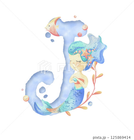 Capital letter of the Latin alphabet J with a mermaid and seaweed, corals, shells, bubbles. In gentle pastel colors of blue, turquoise, coral and pink. Watercolor illustration hand-drawn. Composition 125869414