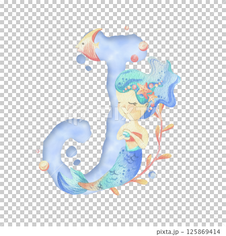 Capital letter of the Latin alphabet J with a mermaid and seaweed, corals, shells, bubbles. In gentle pastel colors of blue, turquoise, coral and pink. Watercolor illustration hand-drawn. Composition 125869414