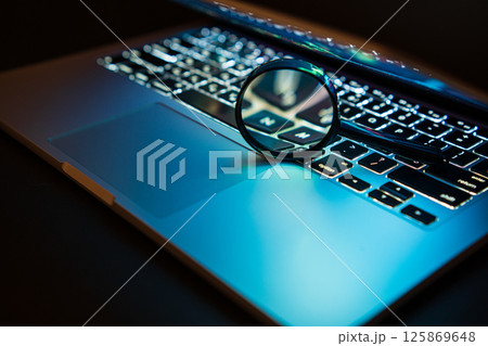 Laptop with magnifying glass. Search and analysis of information on the Internet. Selective focus 125869648