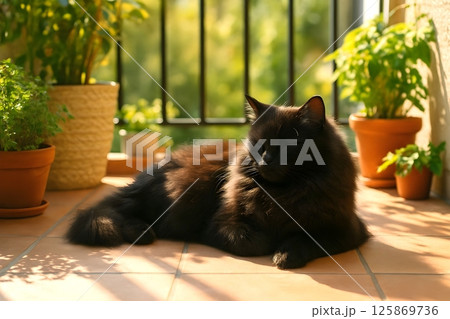 ハーブに囲まれたベランダで日向ぼっこする黒猫 125869736